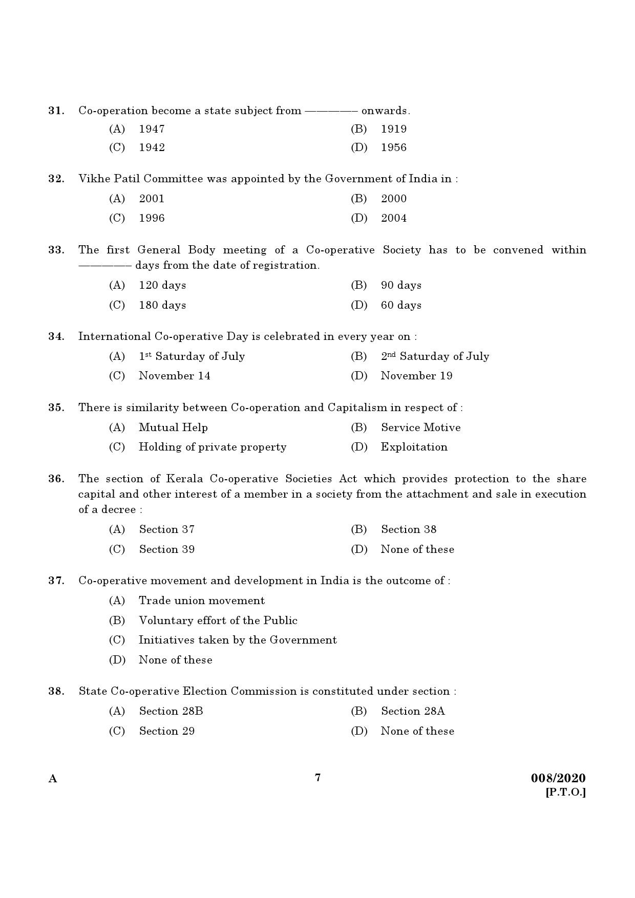 KPSC Junior Inspector of Co Operative Societies Exam 2020 Code 0082020 5