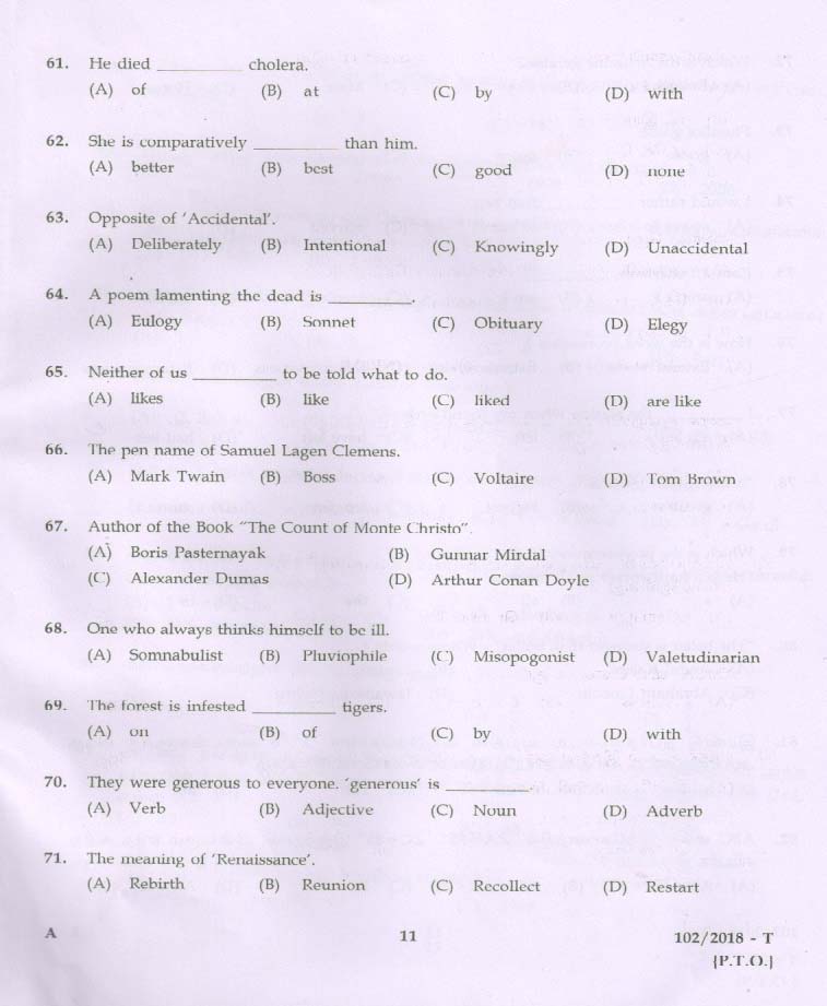 KPSC Lab Assistant Higher Secondary Education Exam 2018 Code 1022018 T 10