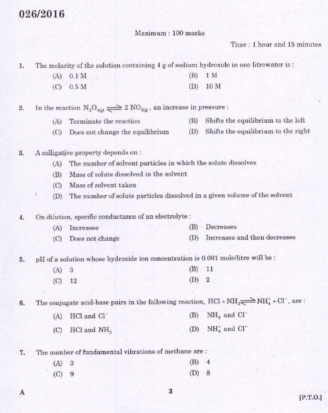 KPSC Laboratory Assistant Dairy Exam 2016 Code 262016 1