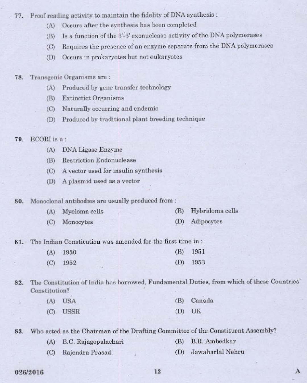 KPSC Laboratory Assistant Dairy Exam 2016 Code 262016 10