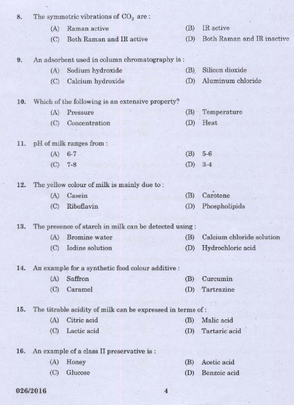 KPSC Laboratory Assistant Dairy Exam 2016 Code 262016 2