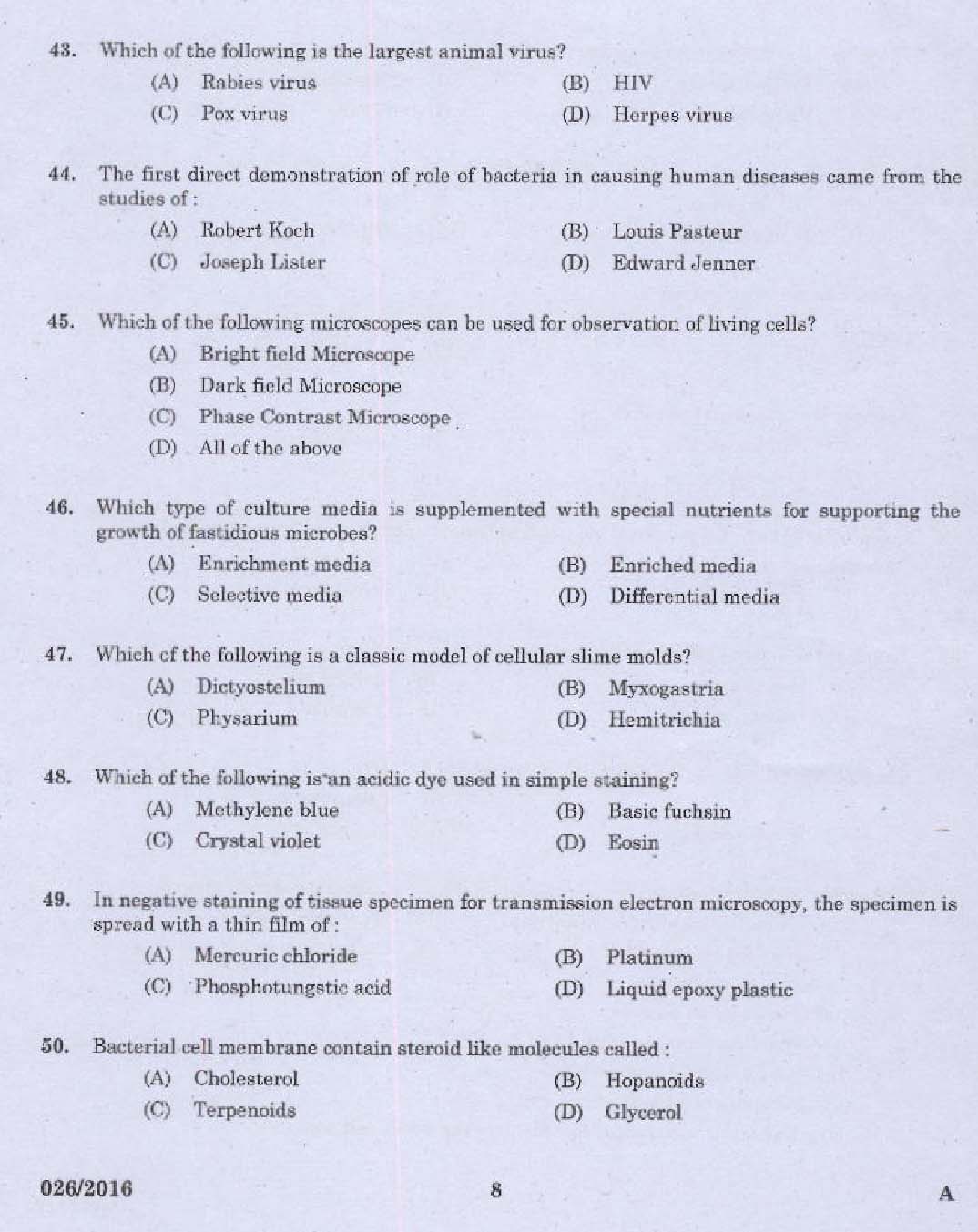 KPSC Laboratory Assistant Dairy Exam 2016 Code 262016 6