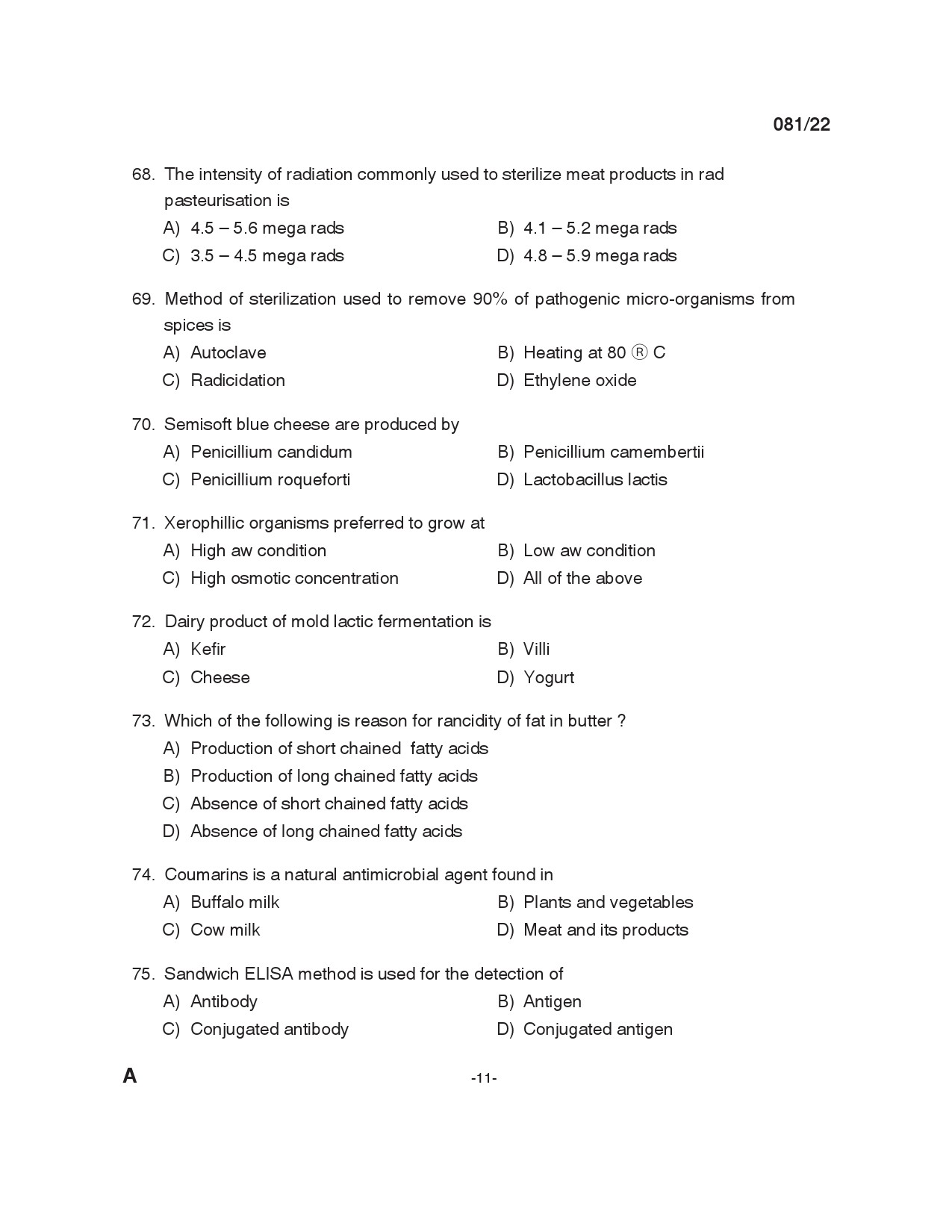 KPSC Laboratory Assistant Dairy Exam 2022 Code 0812022 10