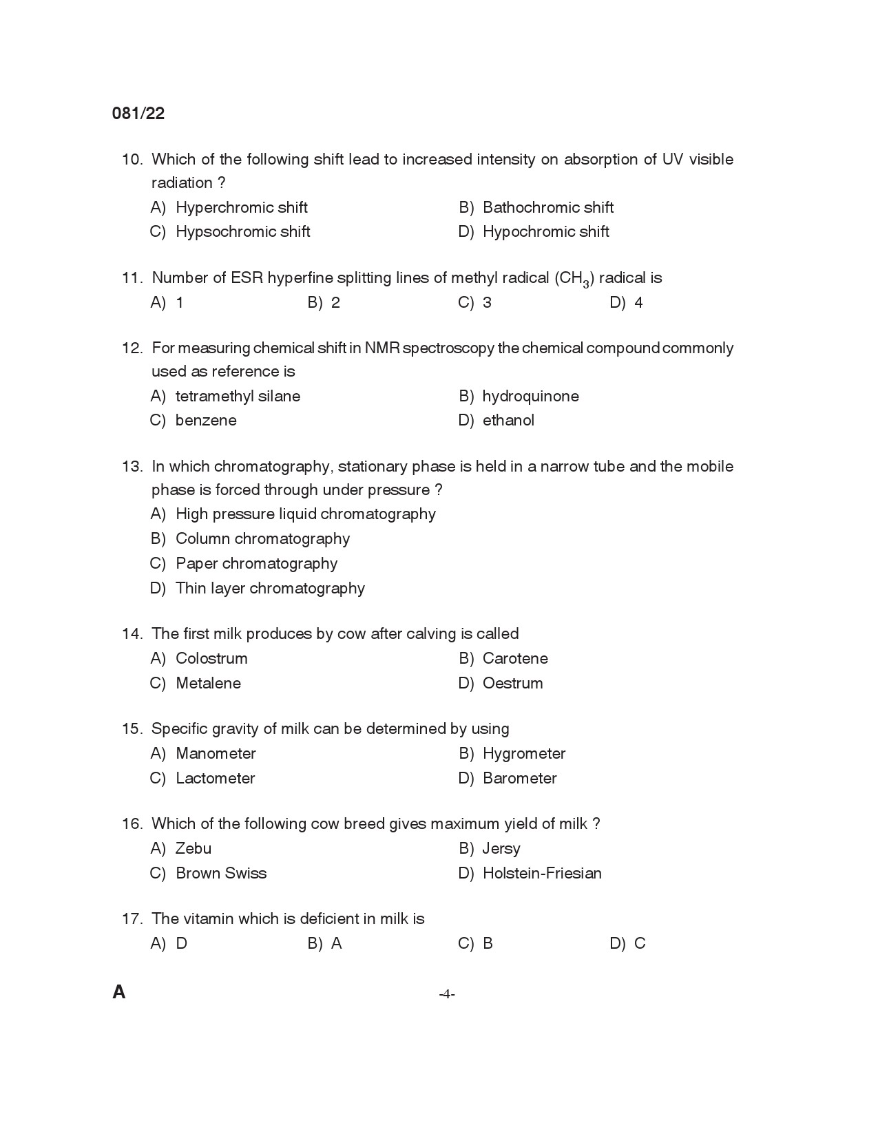 KPSC Laboratory Assistant Dairy Exam 2022 Code 0812022 3