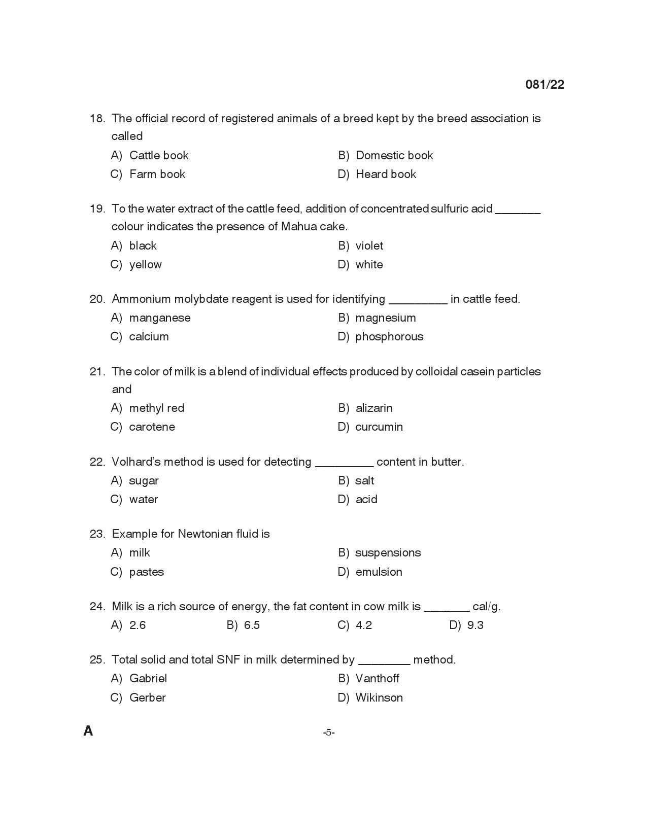 KPSC Laboratory Assistant Dairy Exam 2022 Code 0812022 4