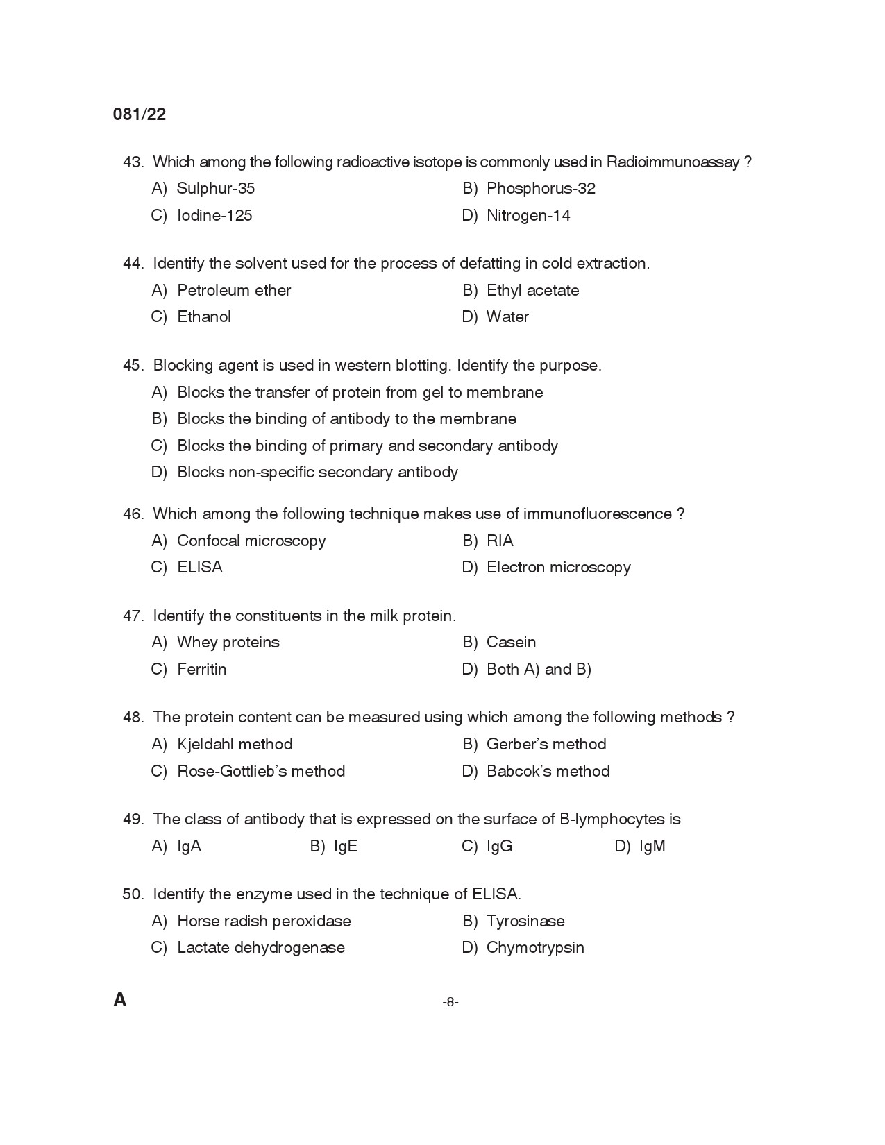 KPSC Laboratory Assistant Dairy Exam 2022 Code 0812022 7