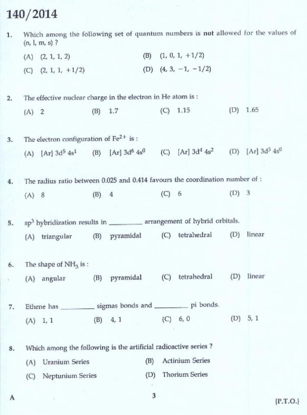 KPSC Laboratory Assistant Factory Exam 2014 Code 1402014 1