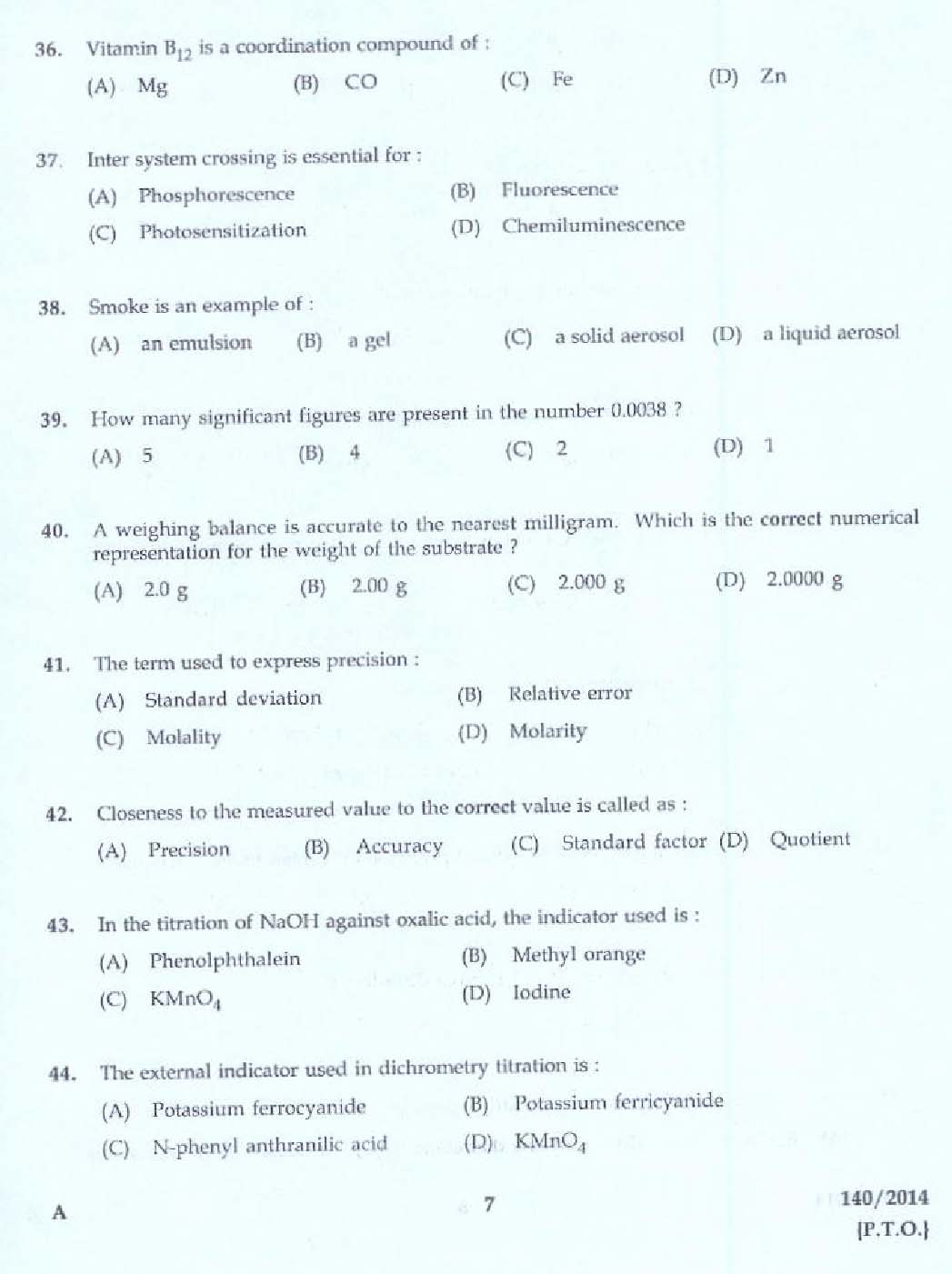 KPSC Laboratory Assistant Factory Exam 2014 Code 1402014 5