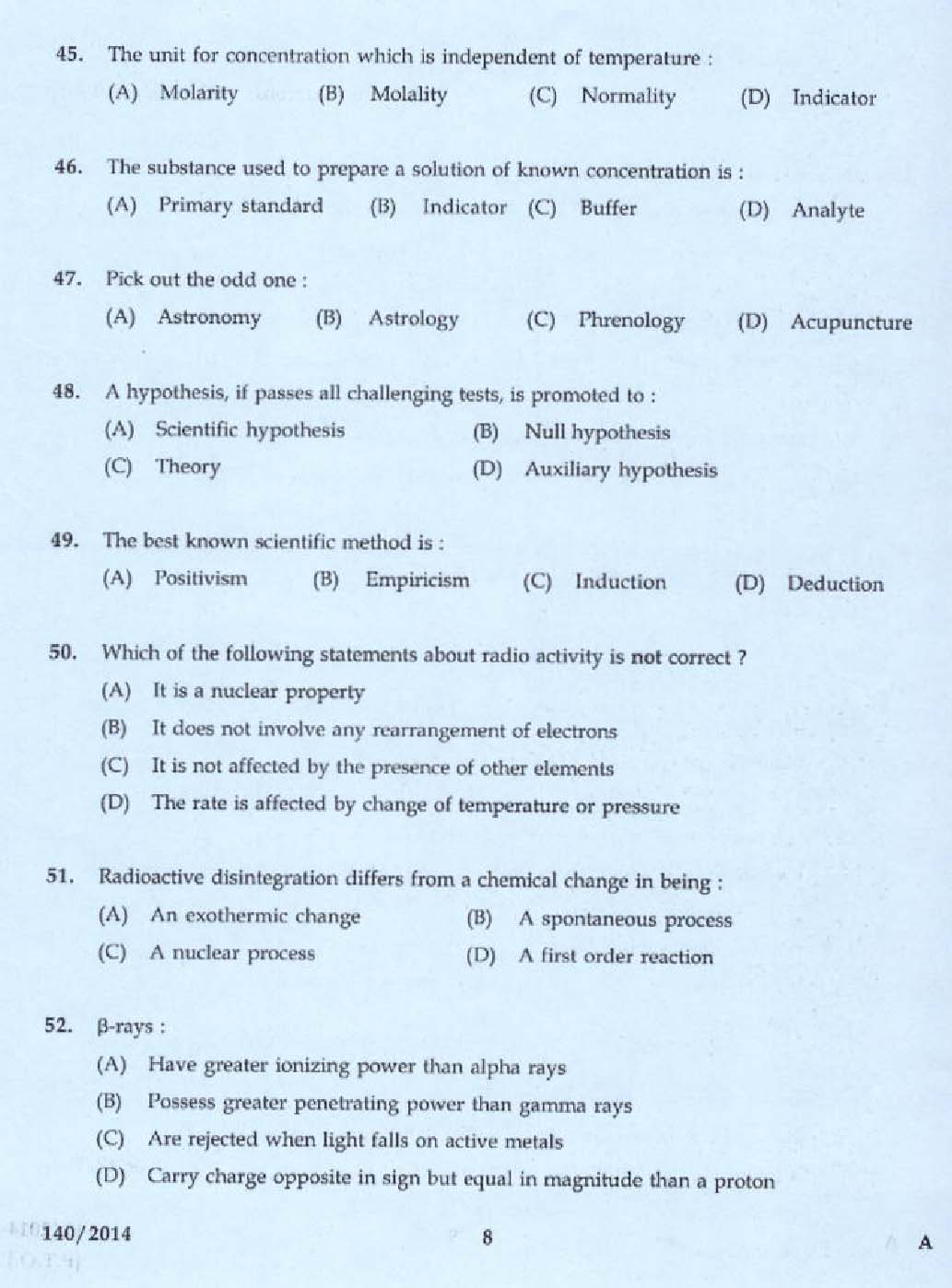 KPSC Laboratory Assistant Factory Exam 2014 Code 1402014 6