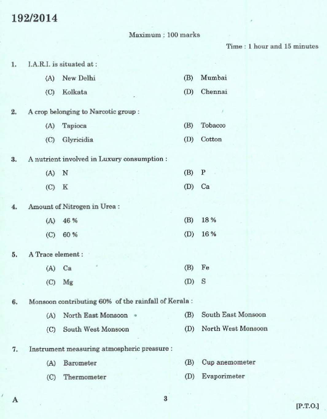 KPSC Laboratory Technical Assistant Agriculture Exam 2014 Code 1922014 1