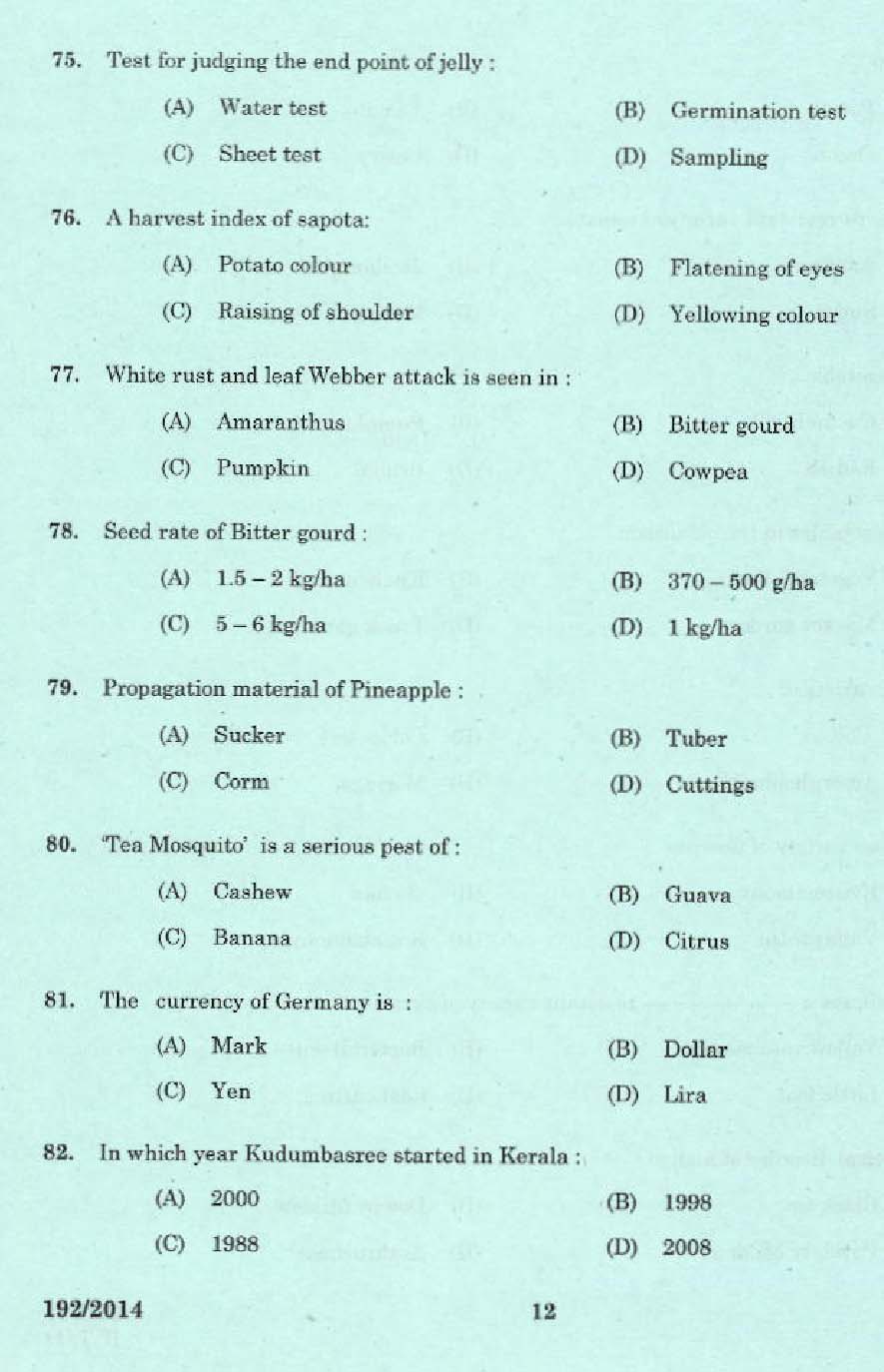 KPSC Laboratory Technical Assistant Agriculture Exam 2014 Code 1922014 10