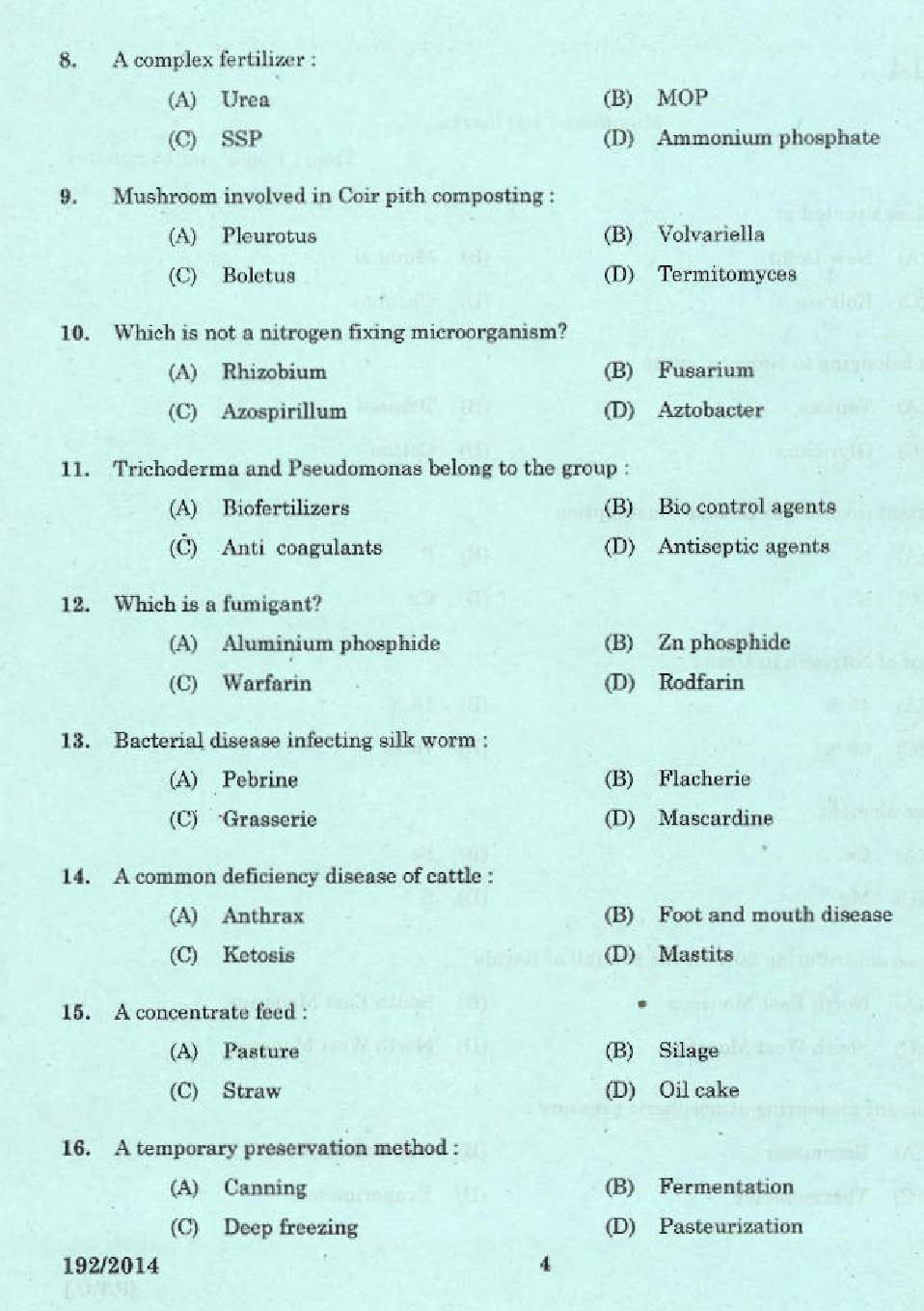 KPSC Laboratory Technical Assistant Agriculture Exam 2014 Code 1922014 2