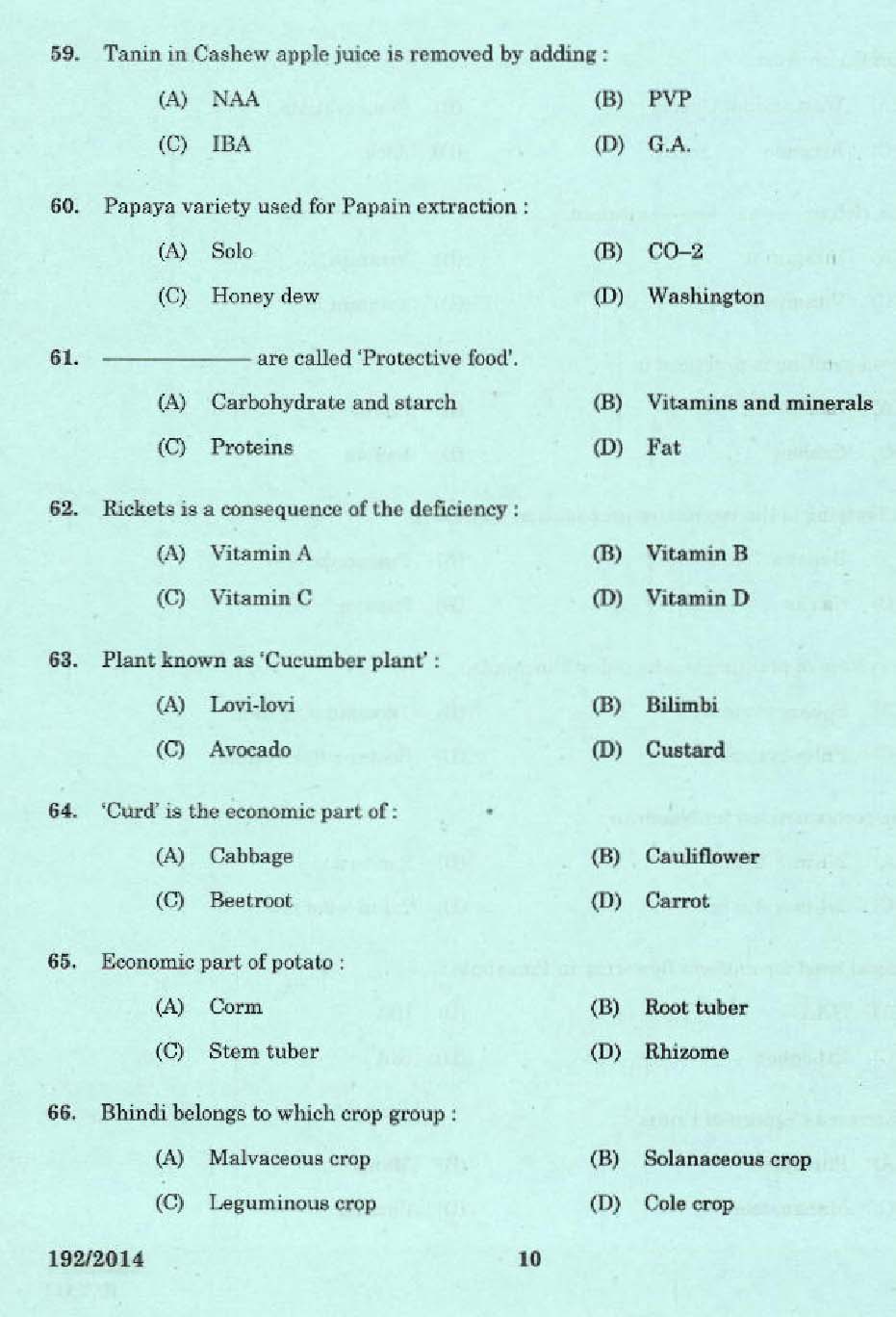 KPSC Laboratory Technical Assistant Agriculture Exam 2014 Code 1922014 8