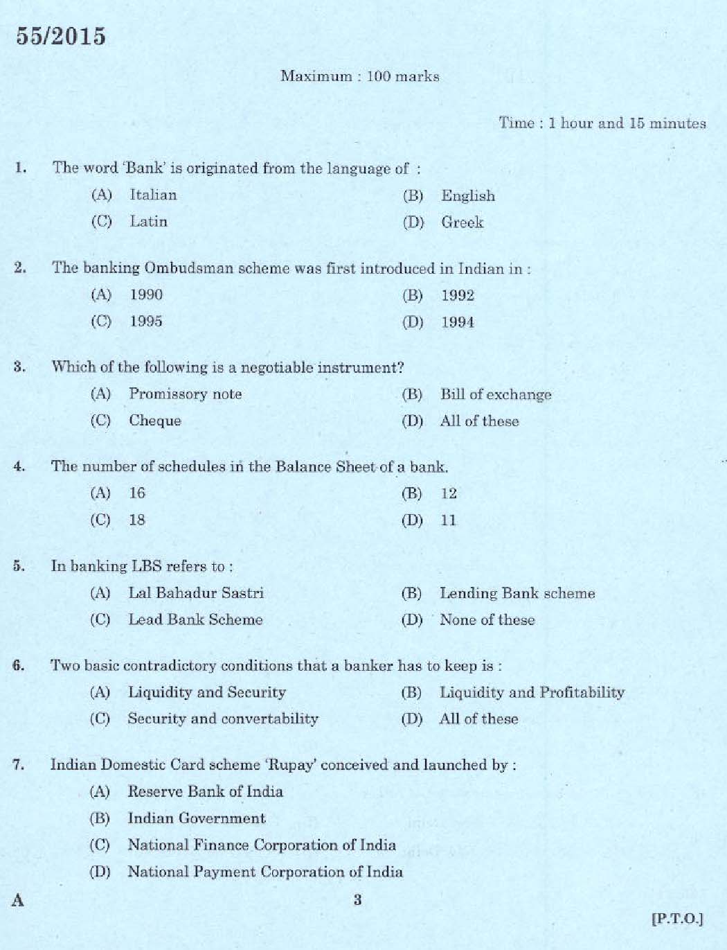 KPSC Laboratory Technical Assistant Banking Assistance Exam 2015 Code 552015 1