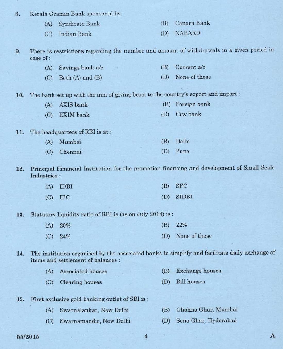 KPSC Laboratory Technical Assistant Banking Assistance Exam 2015 Code 552015 2