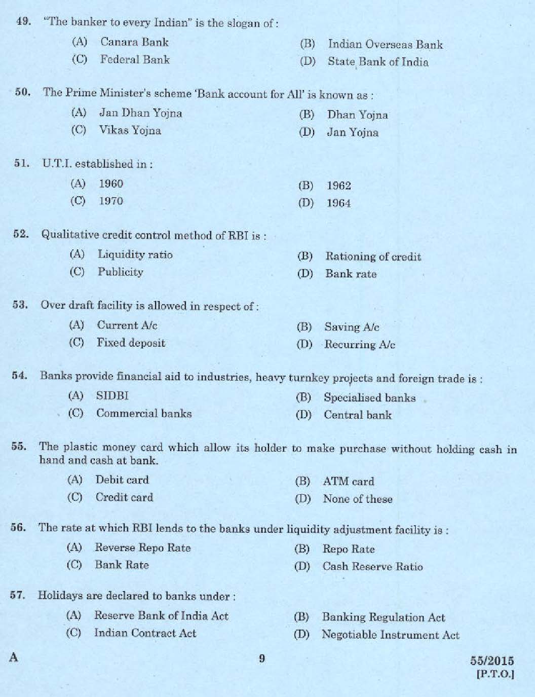 KPSC Laboratory Technical Assistant Banking Assistance Exam 2015 Code 552015 7