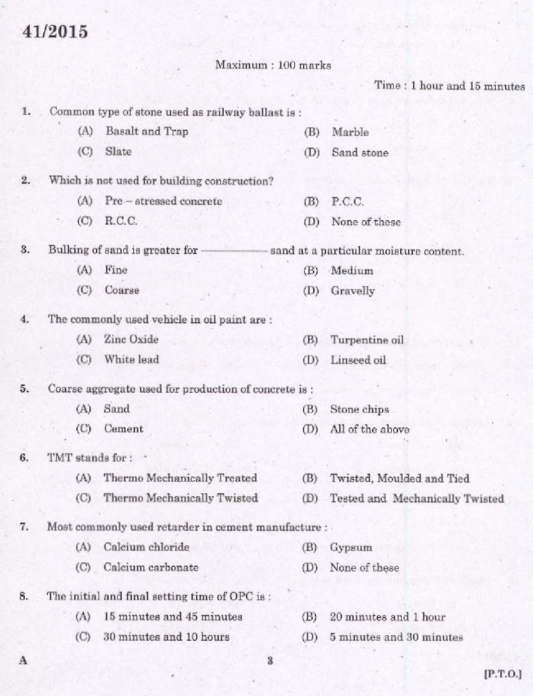 KPSC Laboratory Technical Assistant Civil Exam 2015 Code 412015 1