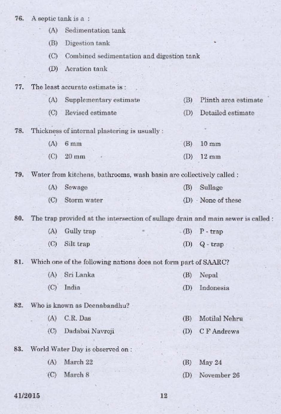 KPSC Laboratory Technical Assistant Civil Exam 2015 Code 412015 10