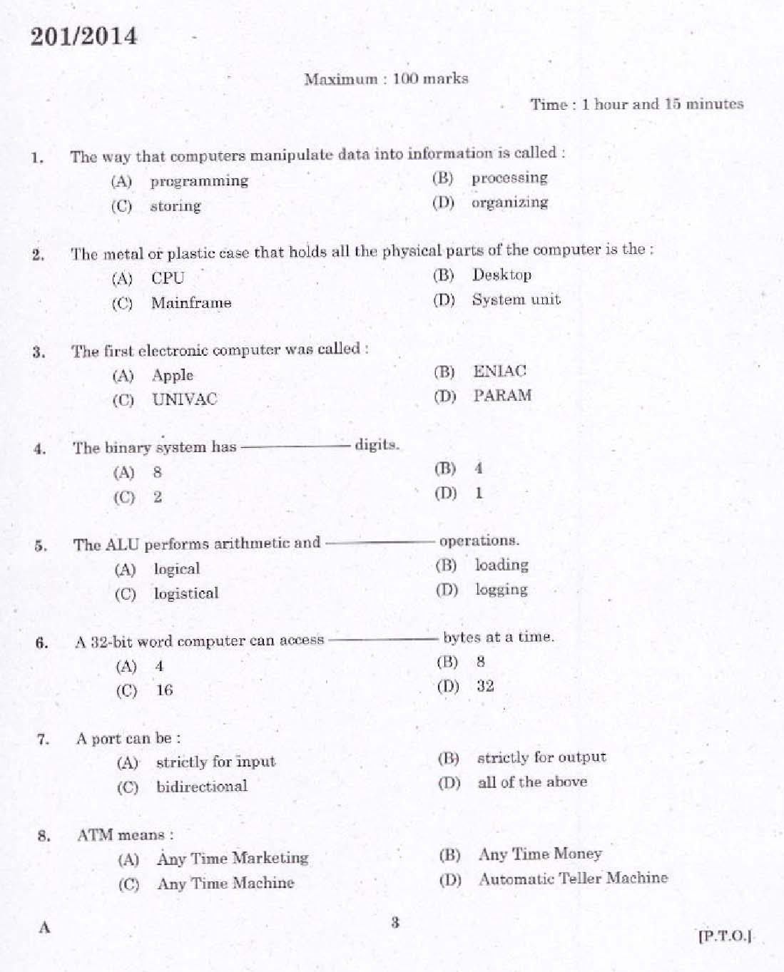 KPSC Laboratory Technical Assistant Computer Application Exam 2014 1