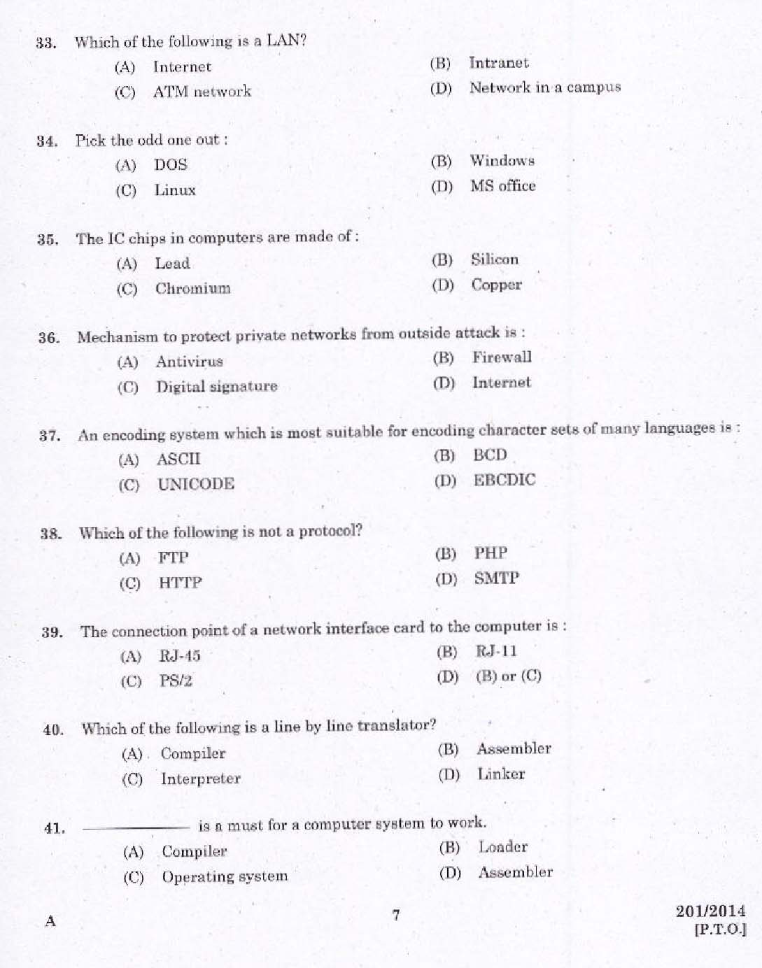 KPSC Laboratory Technical Assistant Computer Application Exam 2014 5