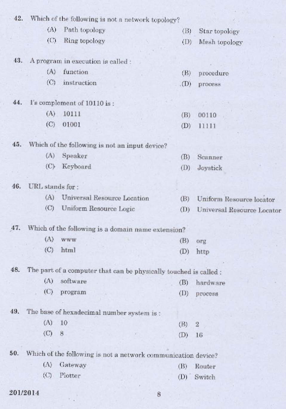 KPSC Laboratory Technical Assistant Computer Application Exam 2014 6