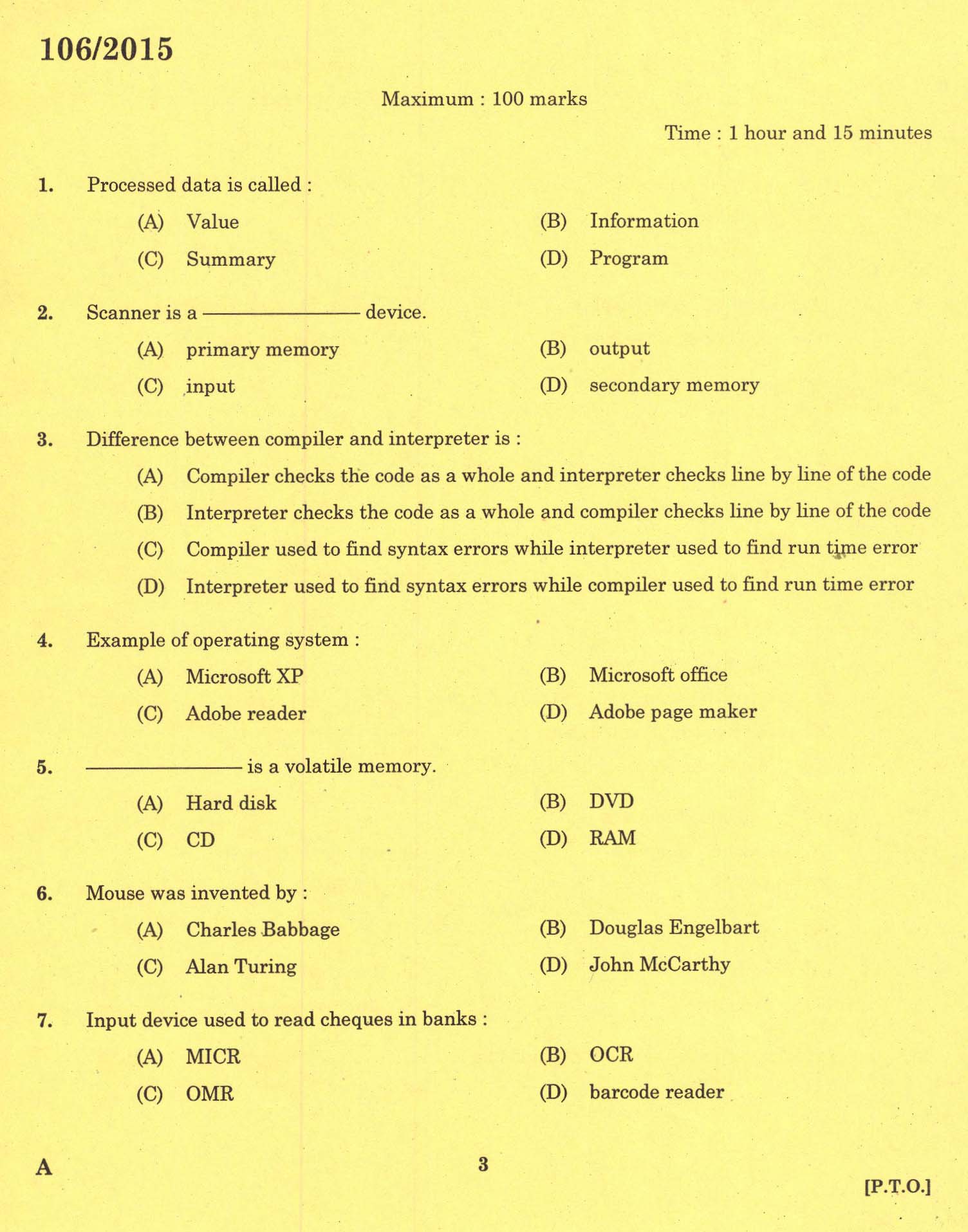 KPSC Laboratory Technical Assistant Computer Science Exam 2015 1