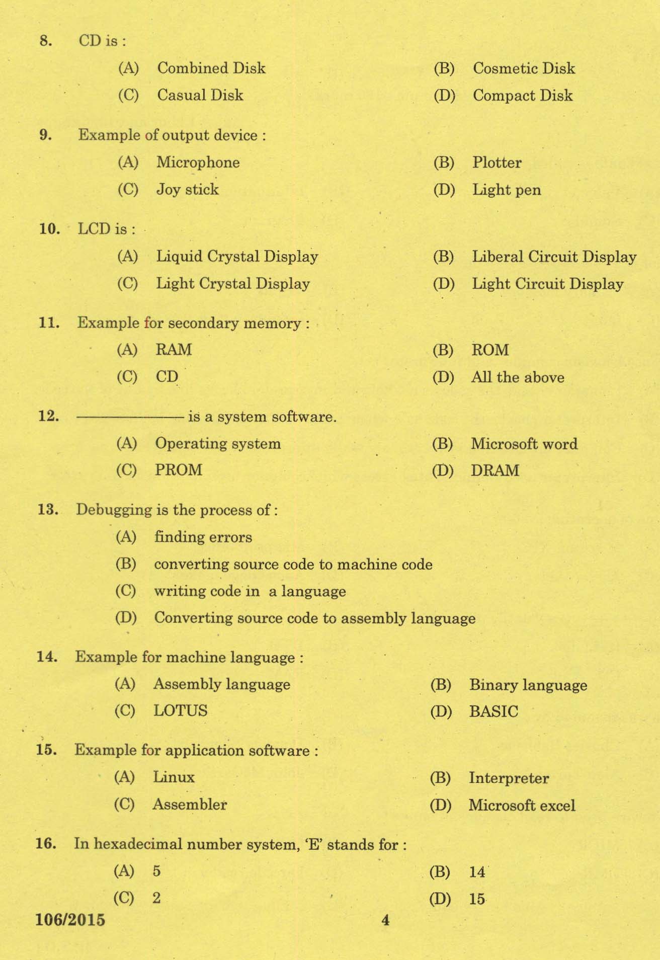 KPSC Laboratory Technical Assistant Computer Science Exam 2015 2