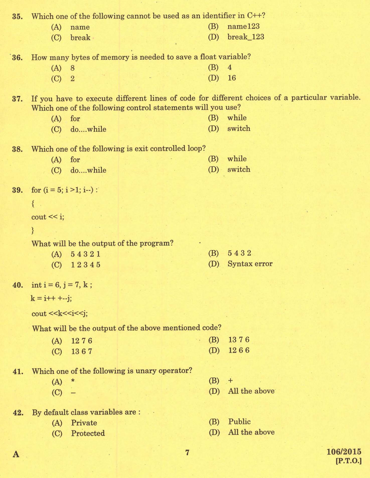 KPSC Laboratory Technical Assistant Computer Science Exam 2015 5