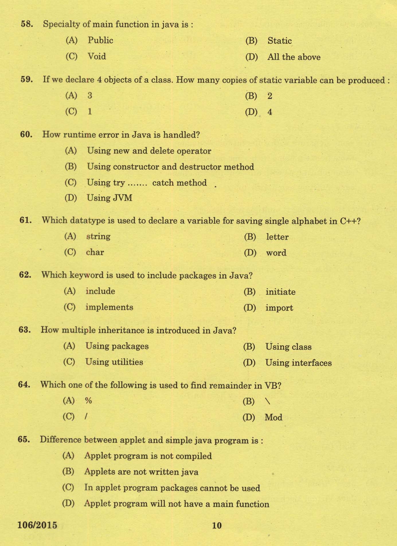 KPSC Laboratory Technical Assistant Computer Science Exam 2015 8