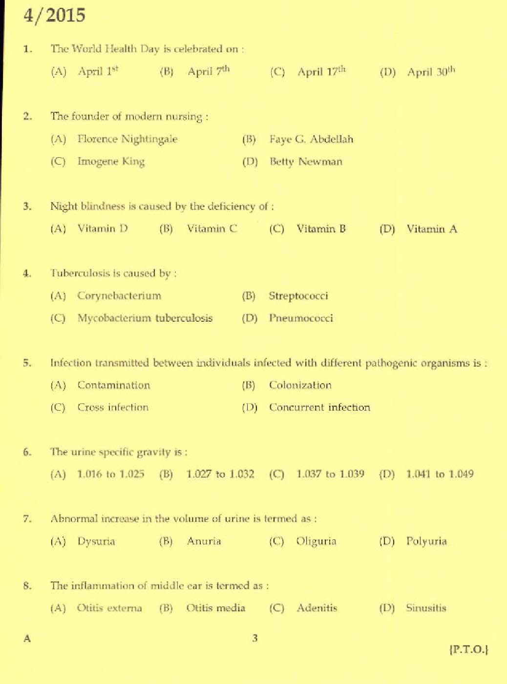 KPSC Laboratory Technical Assistant Domestic Nursing Exam 2015 1