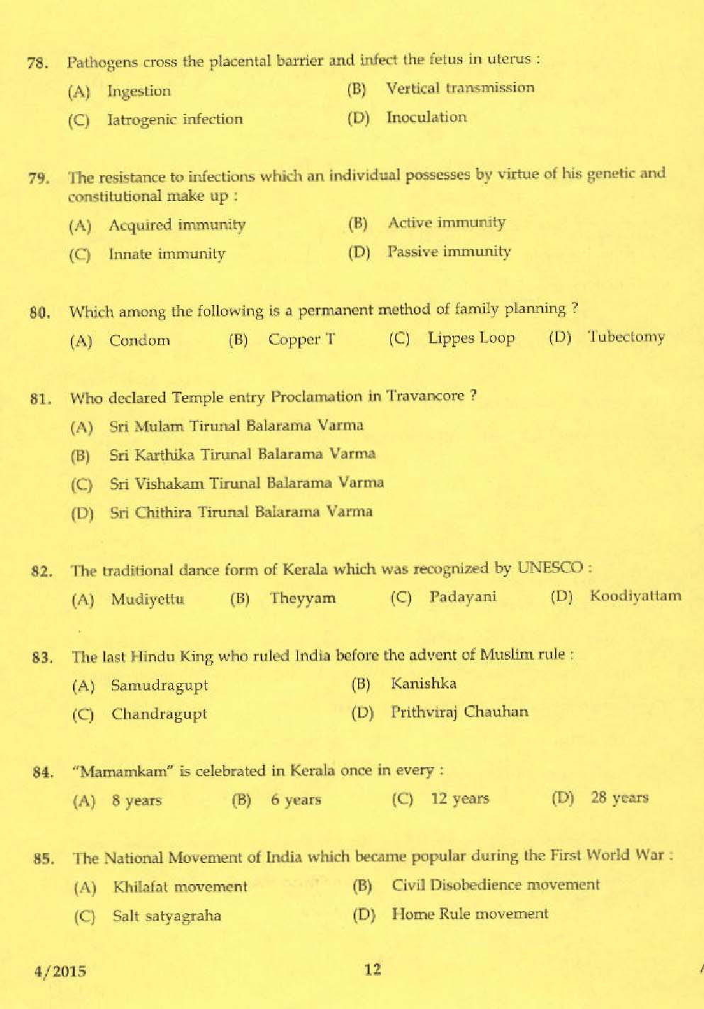 KPSC Laboratory Technical Assistant Domestic Nursing Exam 2015 10