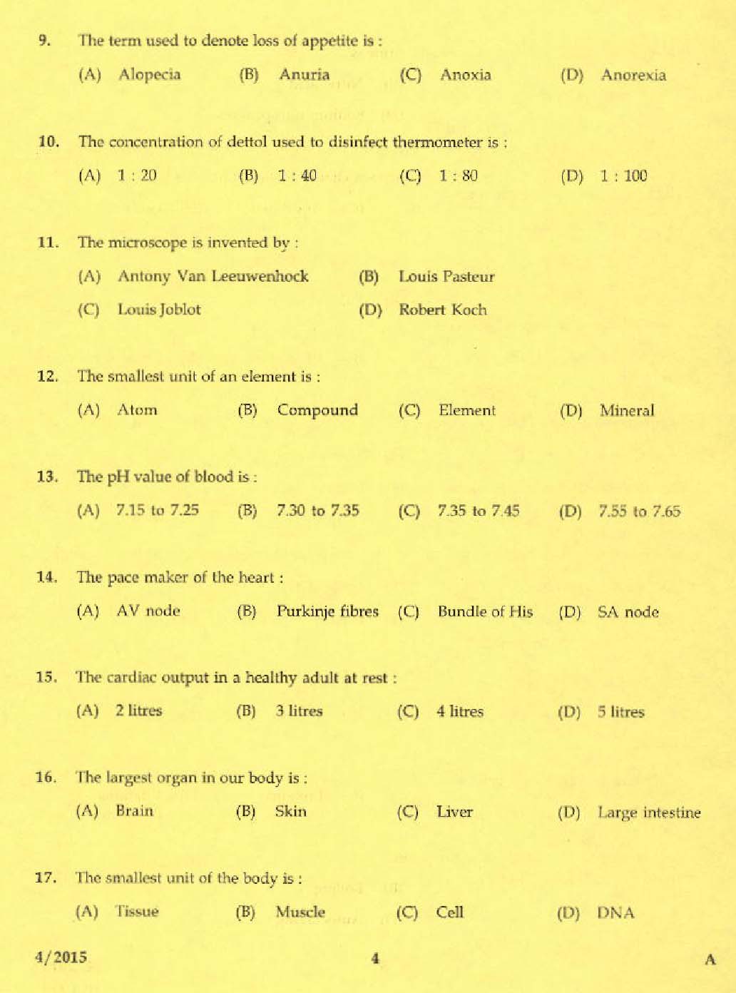 KPSC Laboratory Technical Assistant Domestic Nursing Exam 2015 2