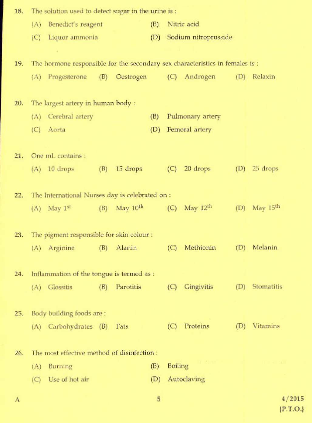 KPSC Laboratory Technical Assistant Domestic Nursing Exam 2015 3