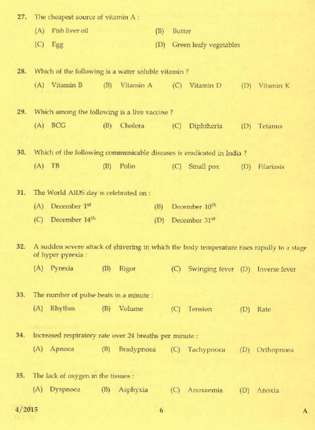 KPSC Laboratory Technical Assistant Domestic Nursing Exam 2015 4