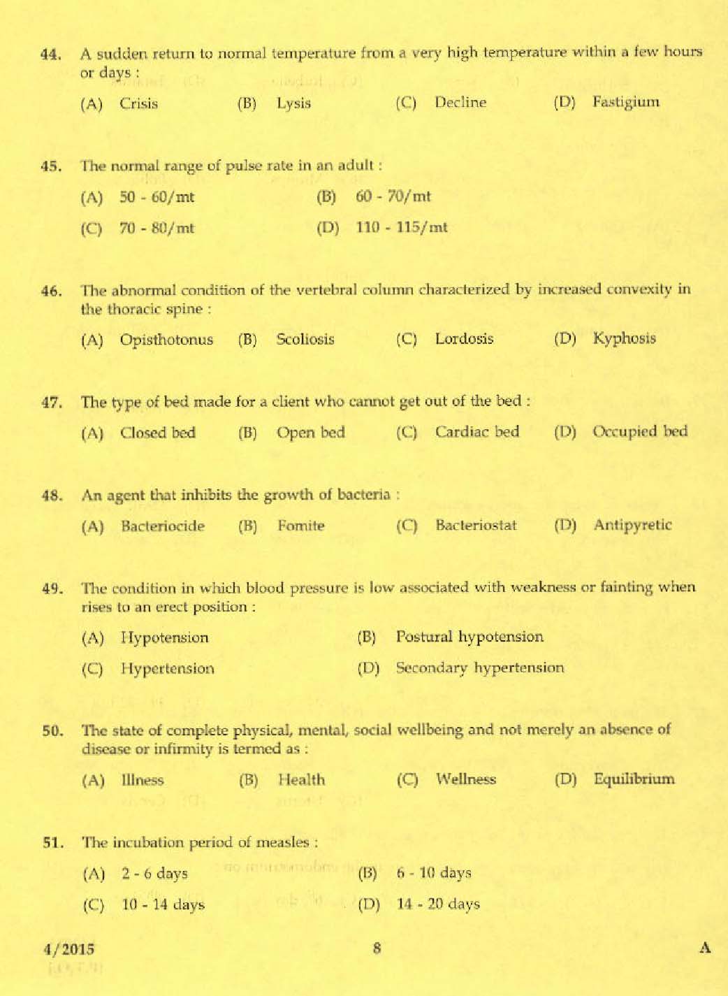 KPSC Laboratory Technical Assistant Domestic Nursing Exam 2015 6