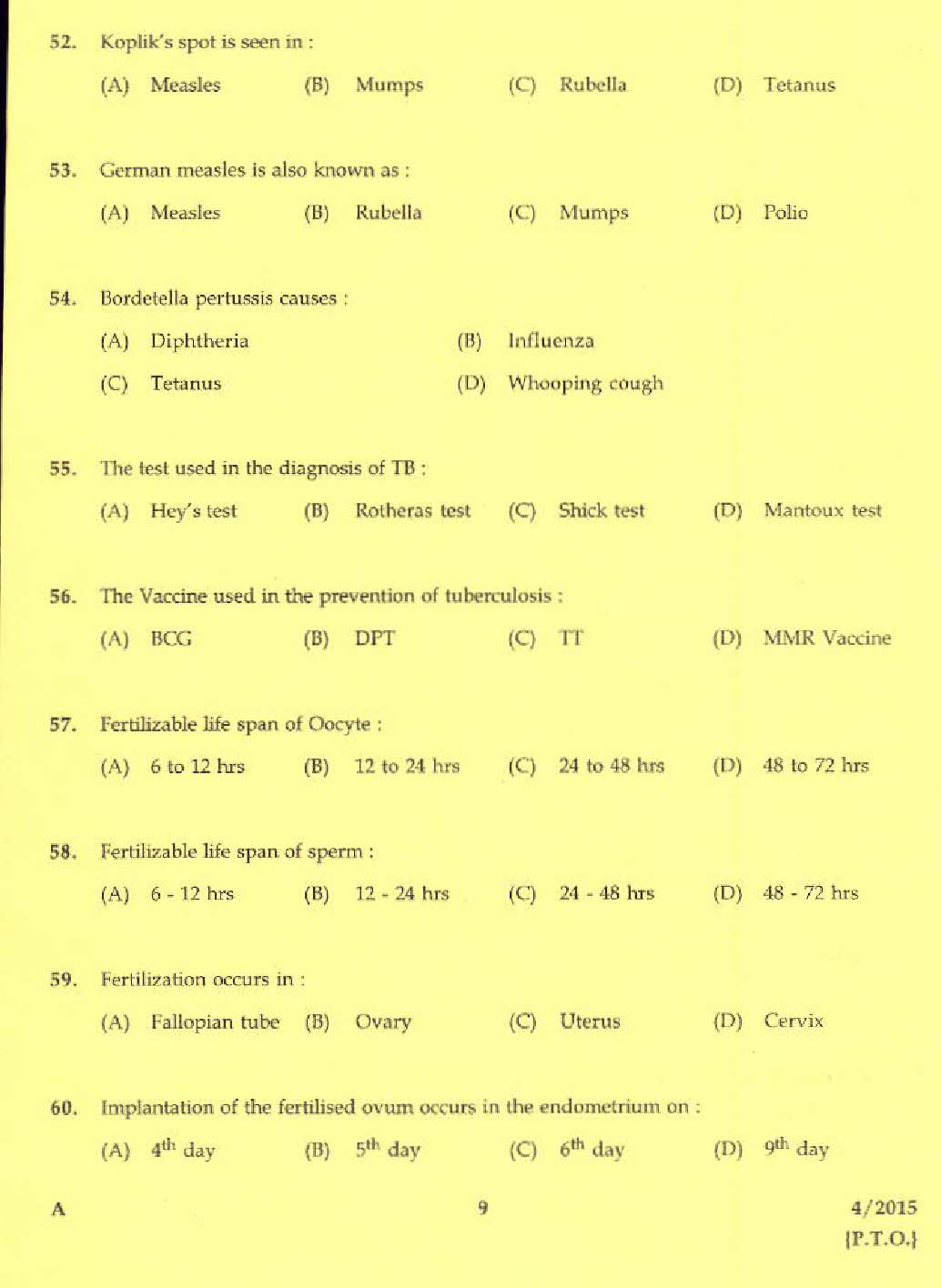 KPSC Laboratory Technical Assistant Domestic Nursing Exam 2015 7