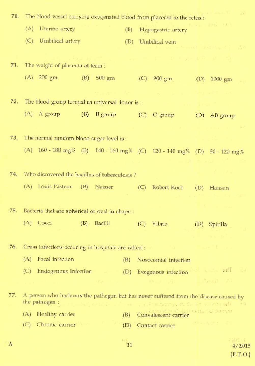 KPSC Laboratory Technical Assistant Domestic Nursing Exam 2015 9