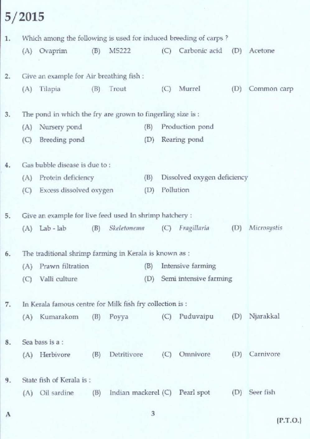 KPSC Laboratory Technical Assistant Fisheries Aquaculture Exam 2015 1