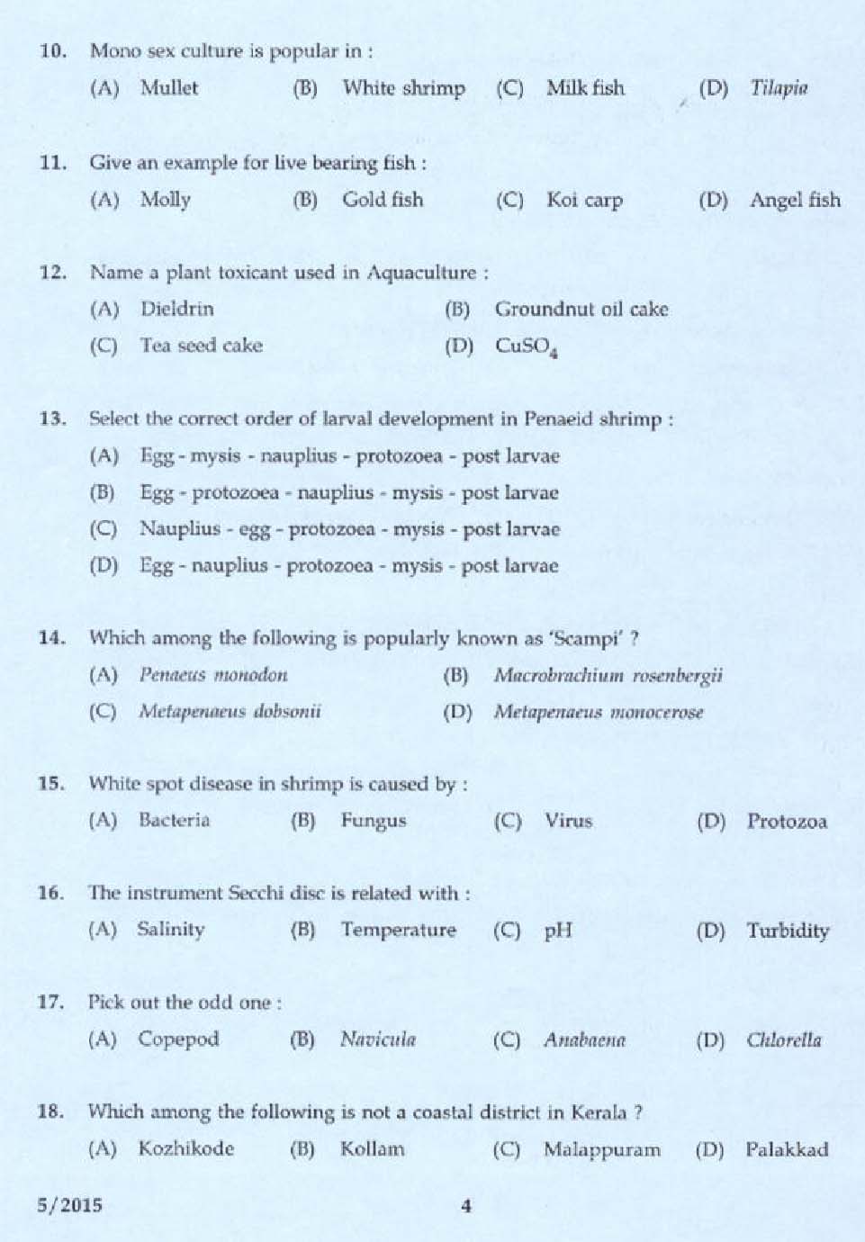 KPSC Laboratory Technical Assistant Fisheries Aquaculture Exam 2015 2