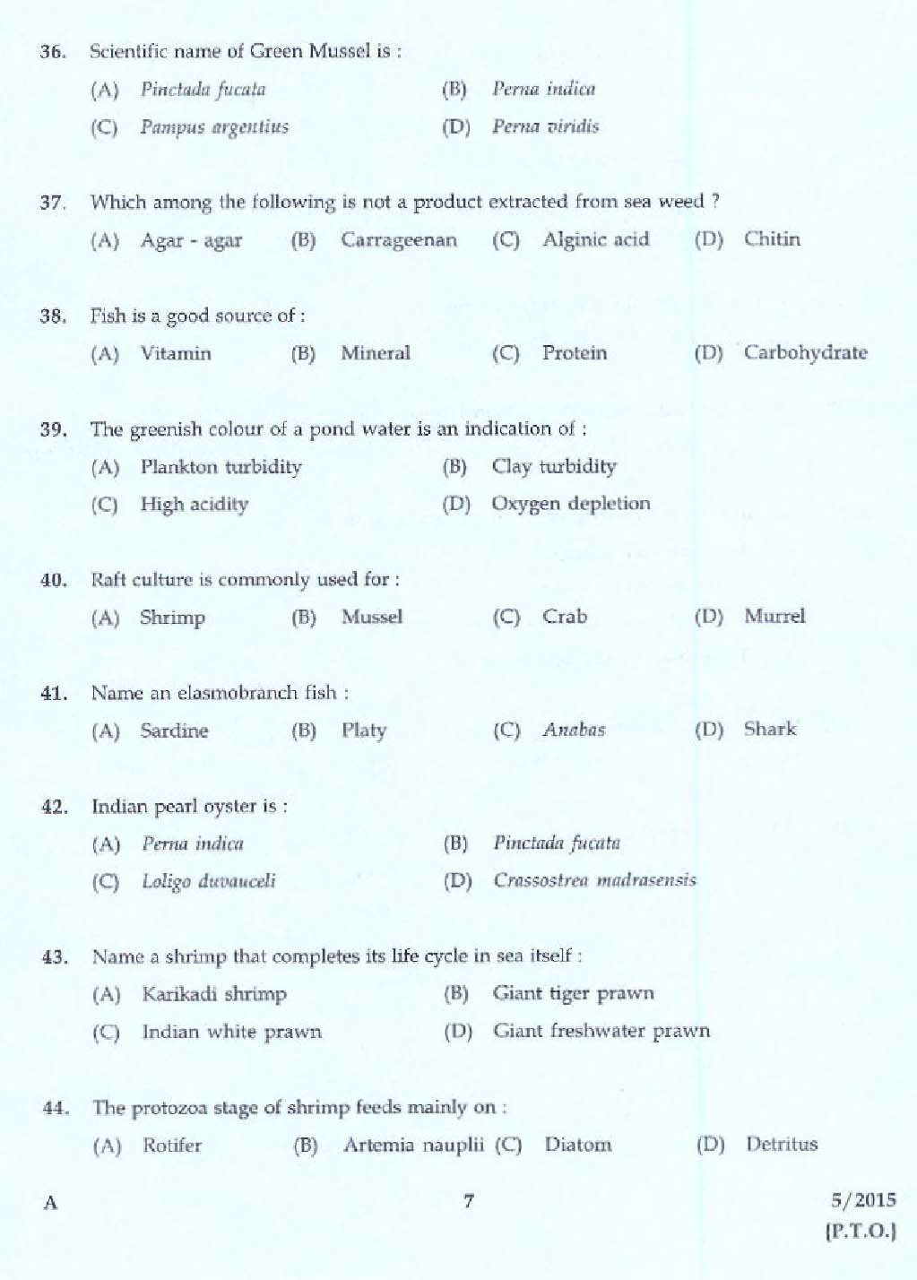 KPSC Laboratory Technical Assistant Fisheries Aquaculture Exam 2015 5