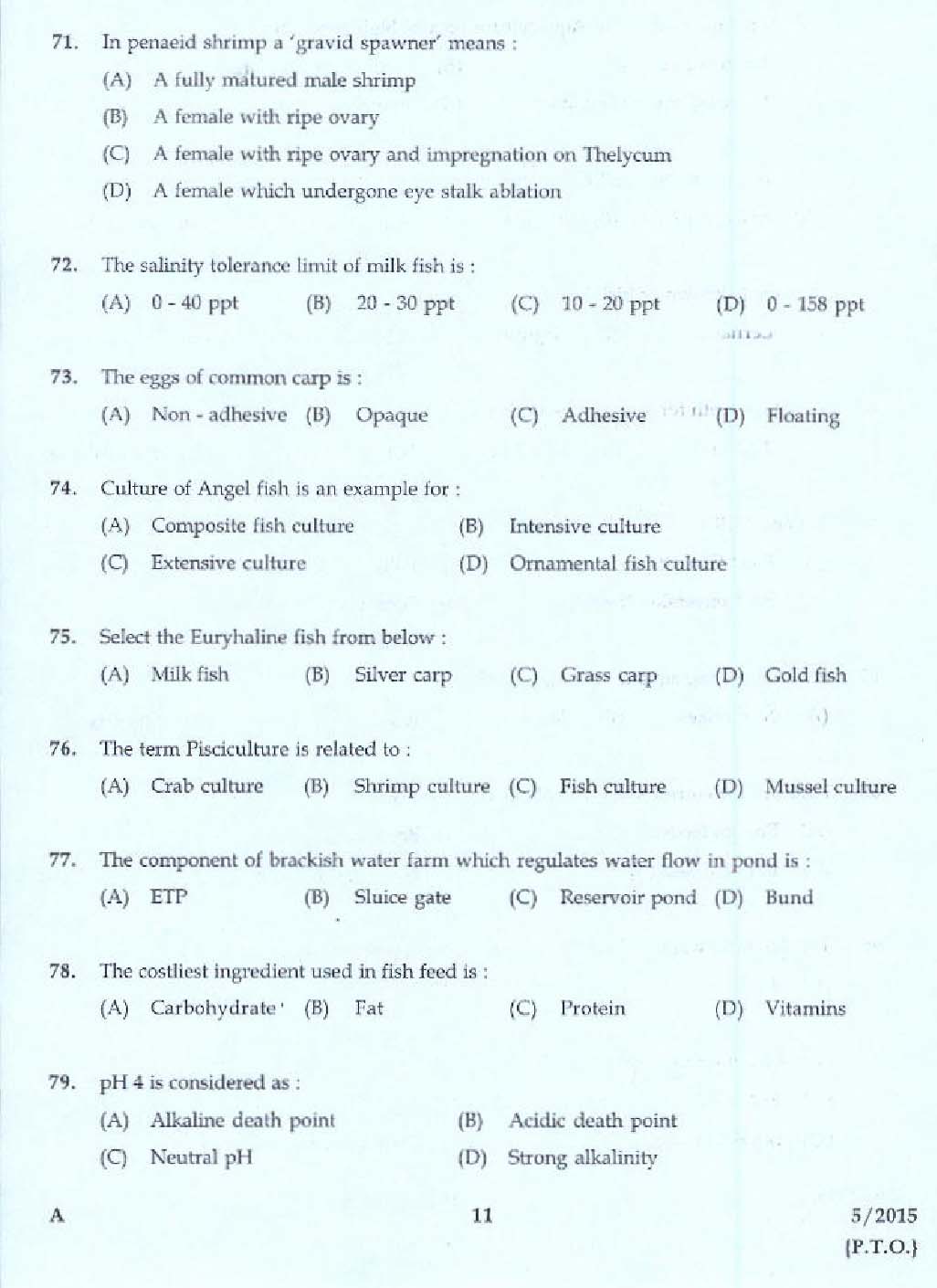 KPSC Laboratory Technical Assistant Fisheries Aquaculture Exam 2015 9