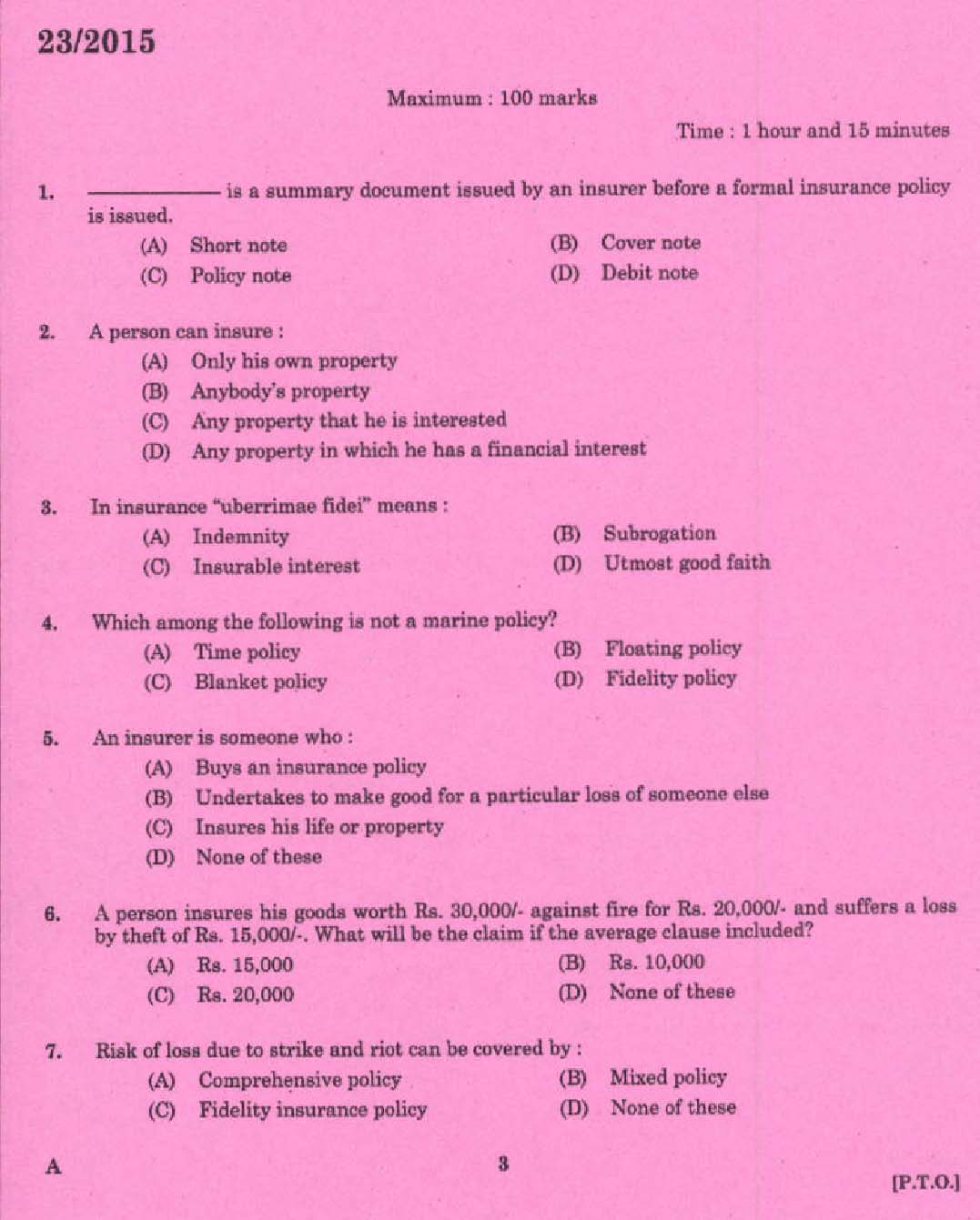 KPSC Laboratory Technical Assistant General Insurance Exam 2015 Code 1