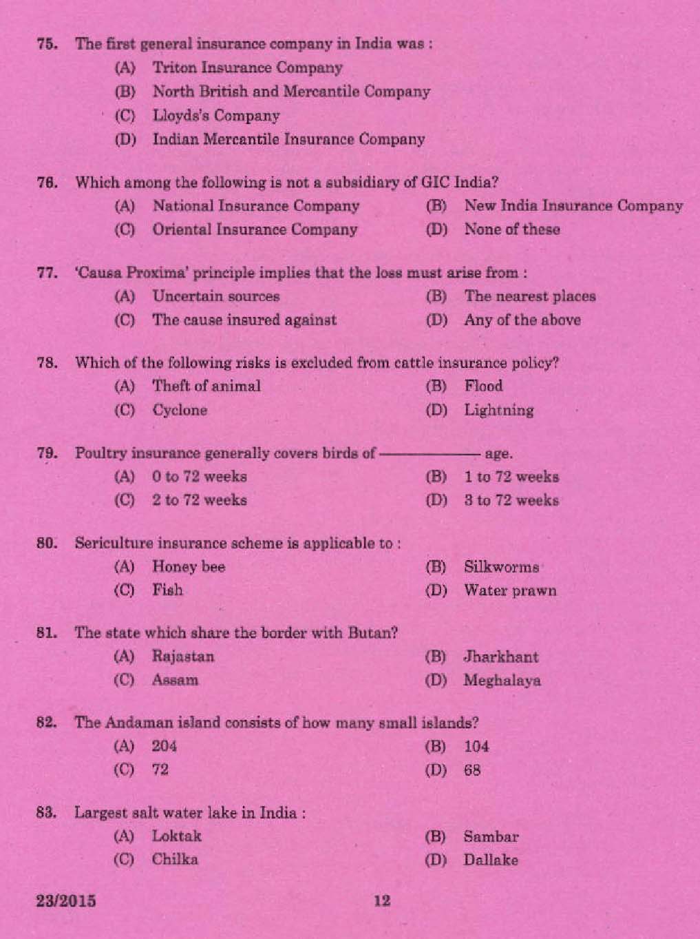 KPSC Laboratory Technical Assistant General Insurance Exam 2015 Code 10