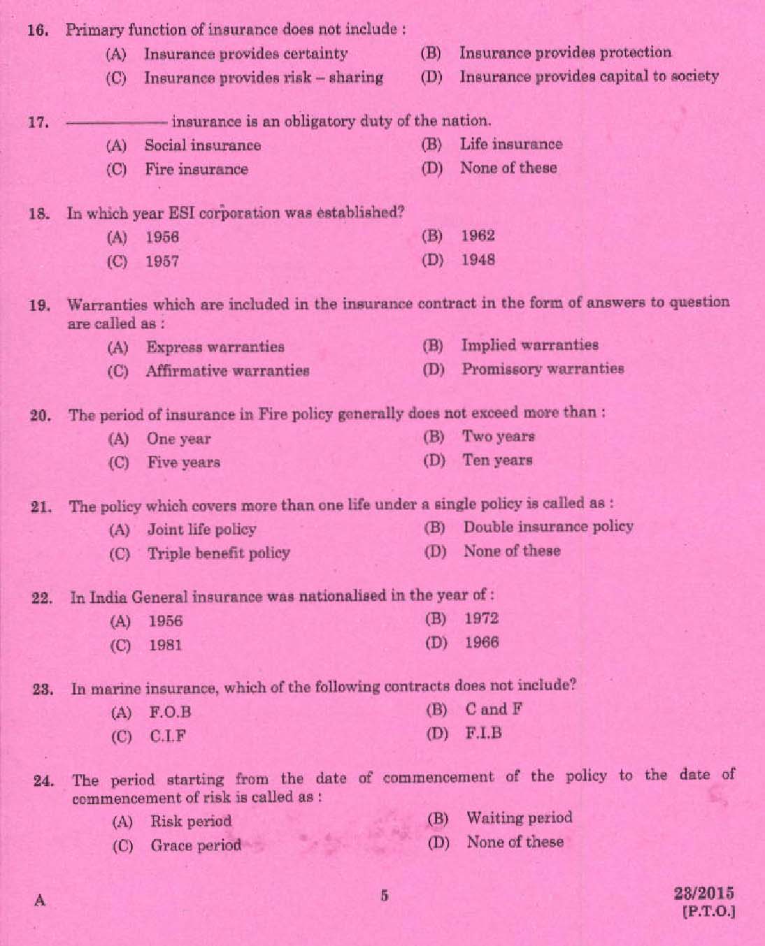 KPSC Laboratory Technical Assistant General Insurance Exam 2015 Code 3