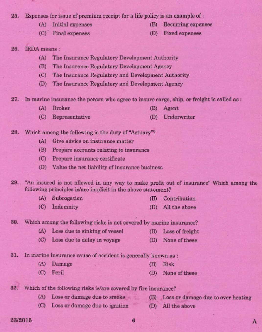 KPSC Laboratory Technical Assistant General Insurance Exam 2015 Code 4