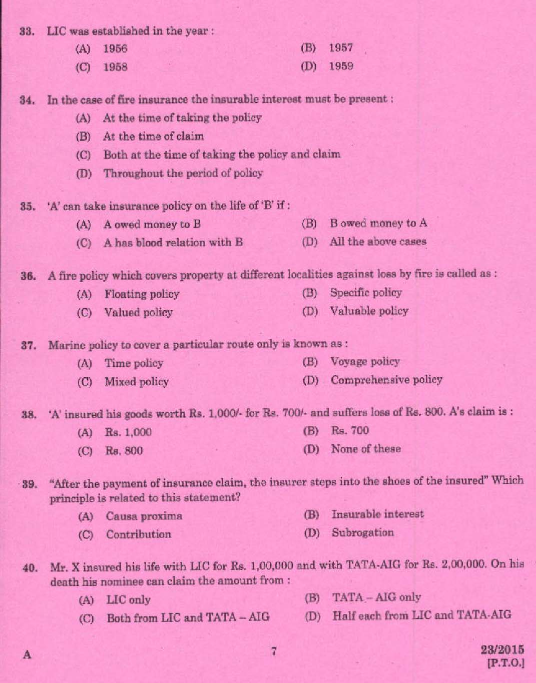 KPSC Laboratory Technical Assistant General Insurance Exam 2015 Code 5