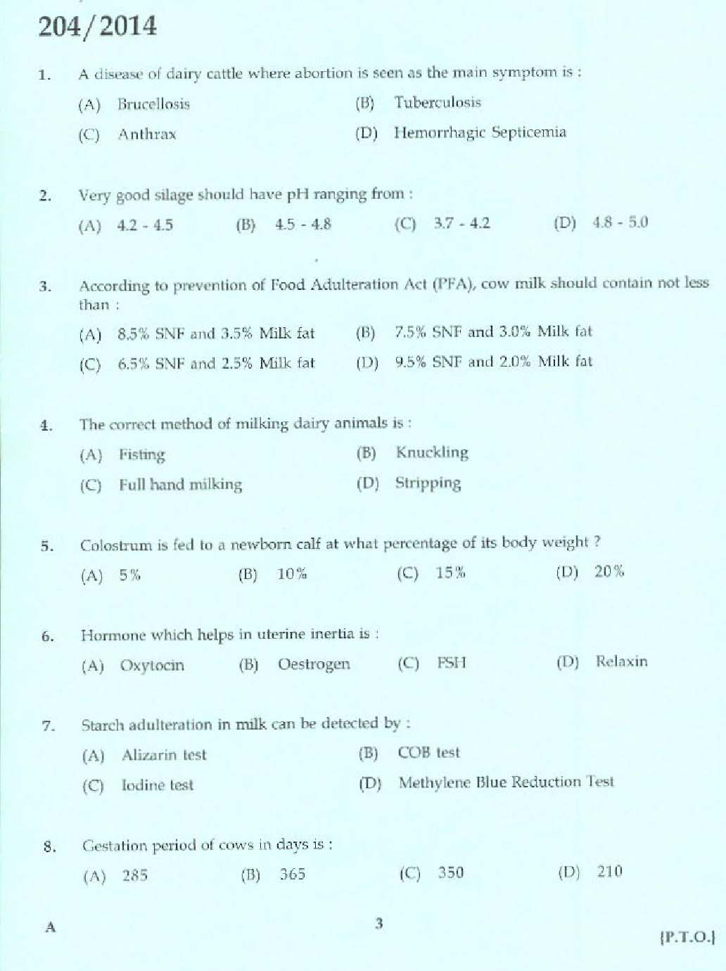 KPSC Laboratory Technical Assistant Live Stock Management Exam 2014 1