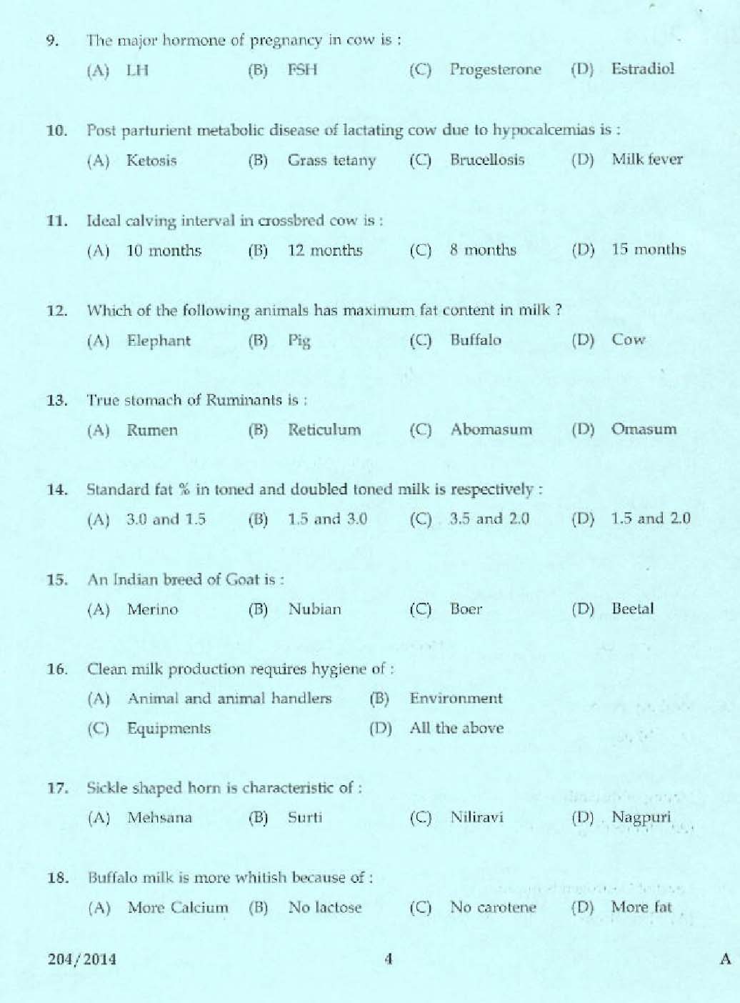 KPSC Laboratory Technical Assistant Live Stock Management Exam 2014 2