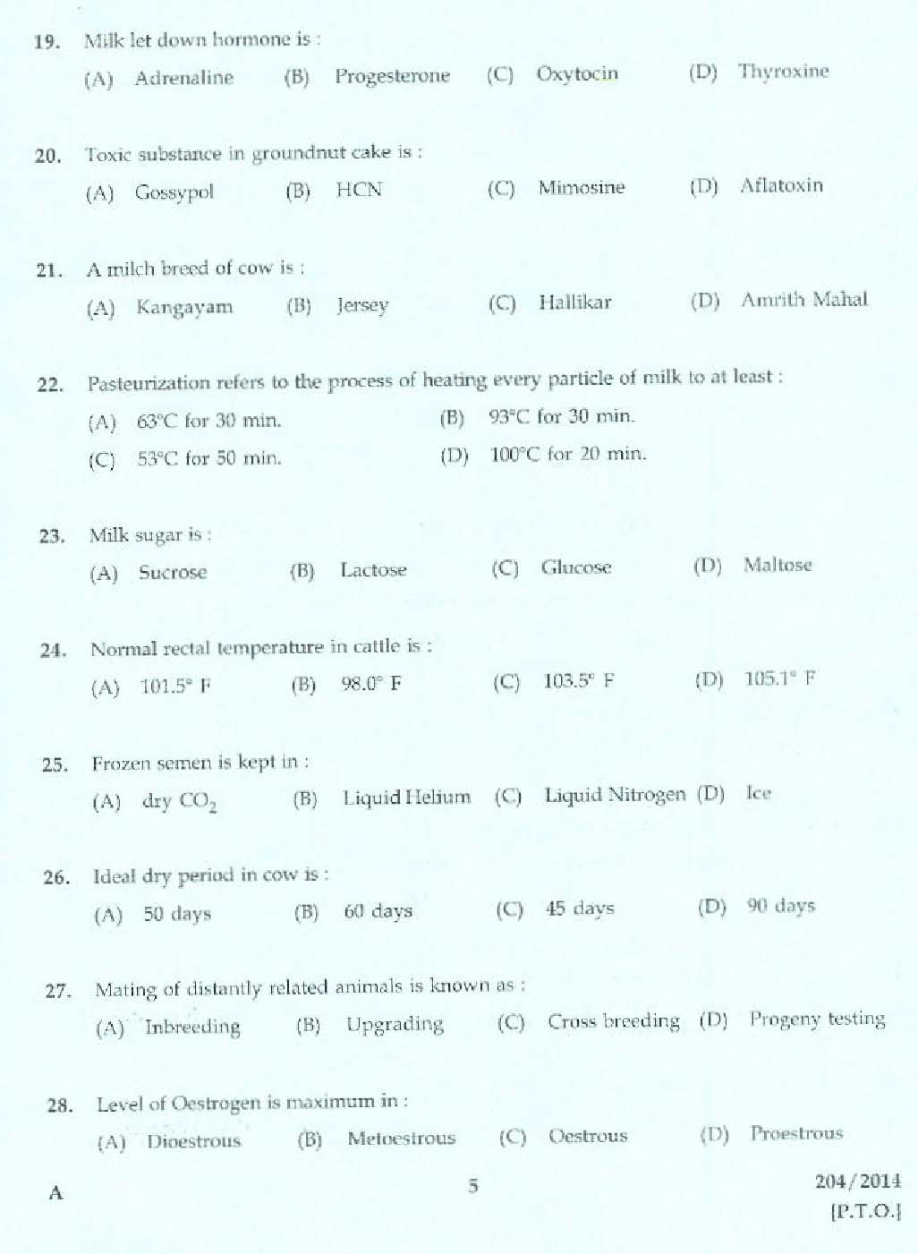 KPSC Laboratory Technical Assistant Live Stock Management Exam 2014 3