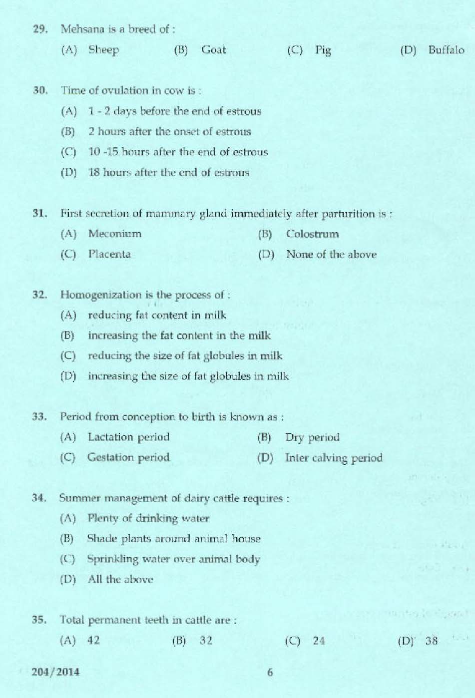 KPSC Laboratory Technical Assistant Live Stock Management Exam 2014 4